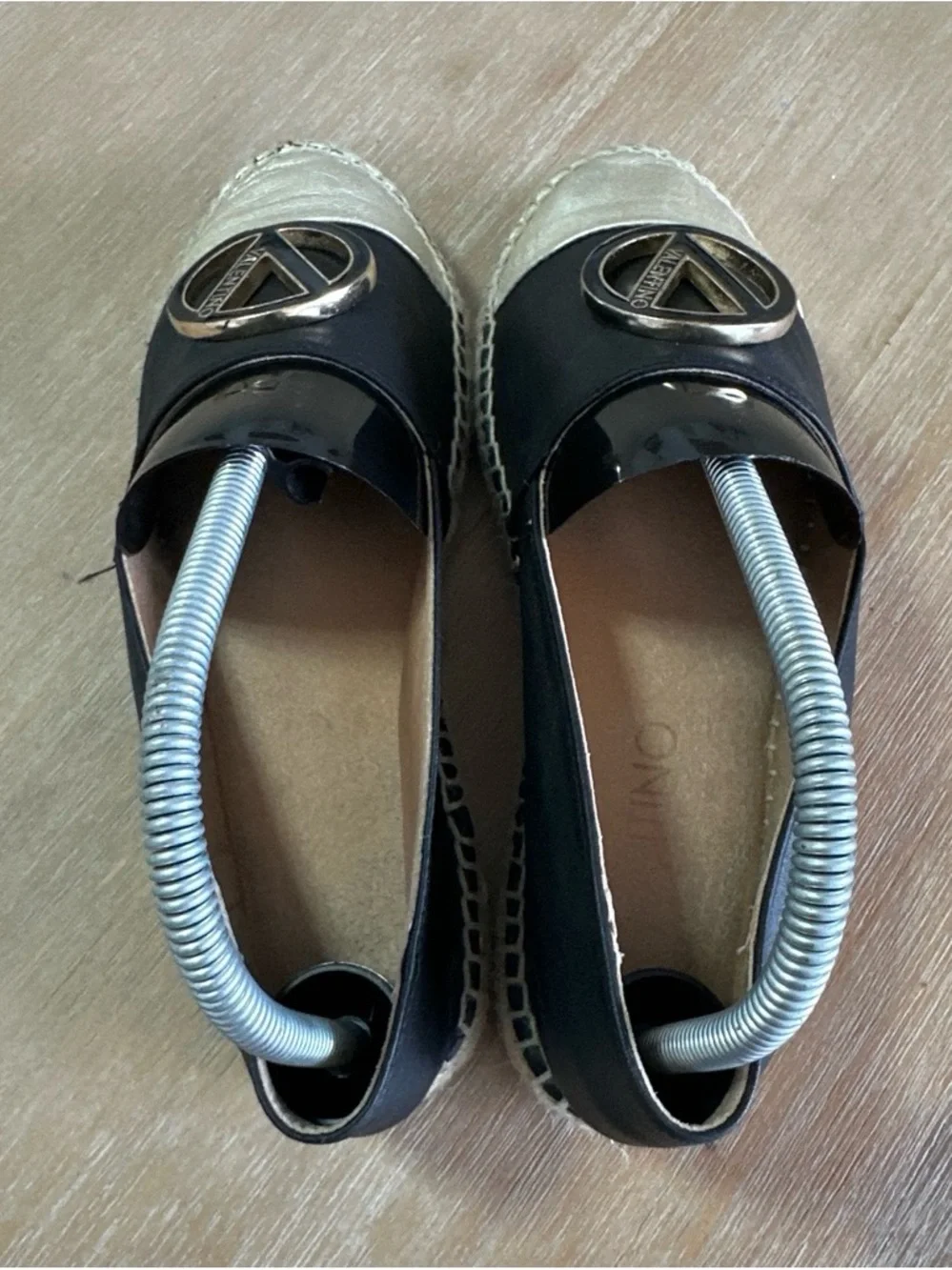 Mario Valentino Black and Gold Logo Espadrille Flats